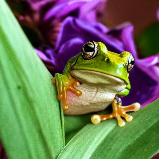 Image similar to cutest frog sleeping in a flower, nature photography, award winning