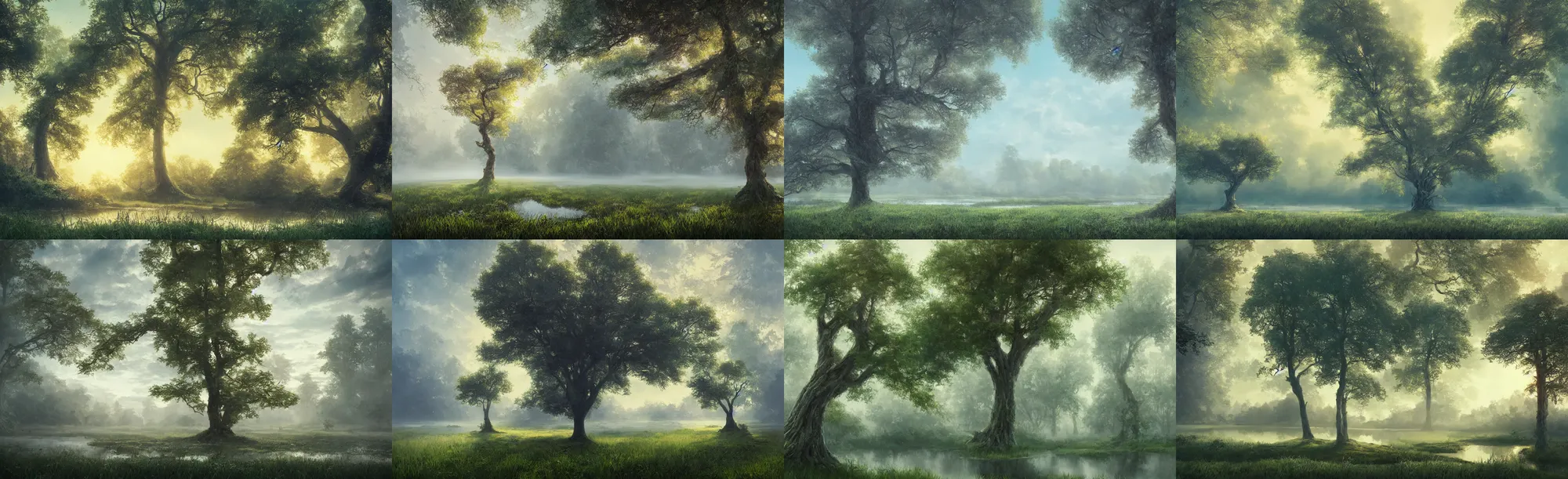 Prompt: a tree near a pond, mist and swirly clouds in the background, fantastic landscape, hyperrealism, no blur, 4k resolution, ultra detailed, style of Anton Fadeev, Ivan Shishkin, John Berkey