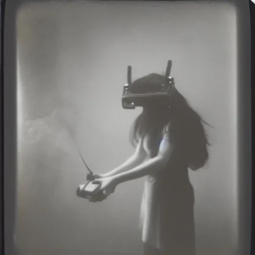 Prompt: an ancient demon-girl using a VR headset, mist , 1910 Polaroid photo, Black and white