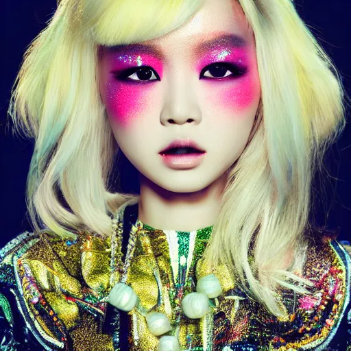 Image similar to japanese model with maximalist hair style and makeup, bright colors, fashion model, portrait shot, glitter, depth of field, 8 k, hyper detailed, intricate, trending on artstation
