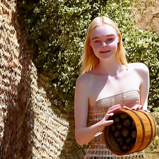 Image similar to Elle Fanning emerges from a barrel filled with olives in oil