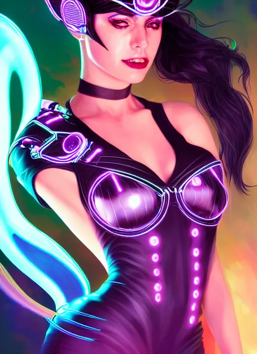 Prompt: glowwave portrait of camila mendez with cat ears as a cyborg sorceress, in the art style of artgerm, joshua middleton, illustration