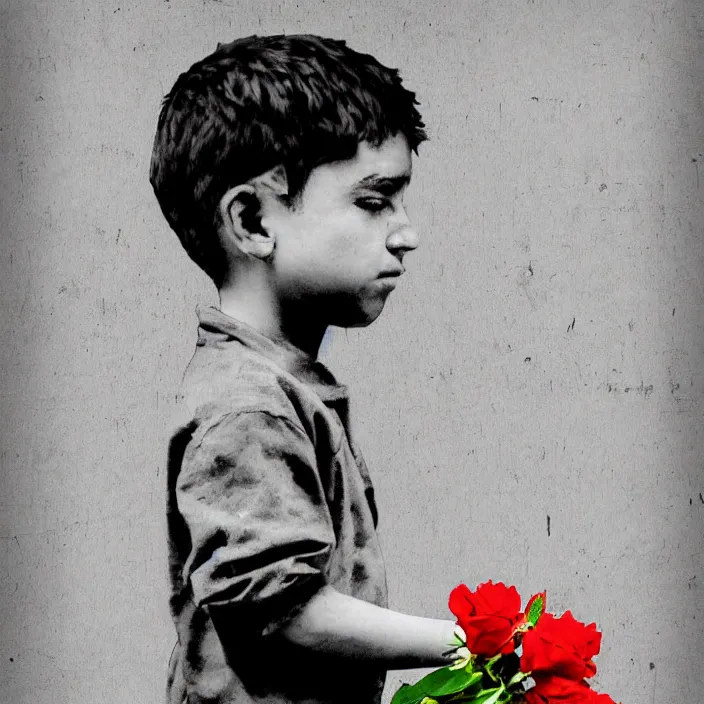 Prompt: a right side profile of a boy holding flowers in the style of Banksy, graffiti, digital art