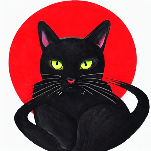 Image similar to a female black cat with red eyes and a crescent moon symbol in her forehead