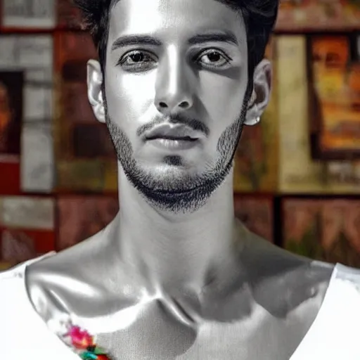 Image similar to “a realistic detailed photo of a guy who is an attractive humanoid who is half robot and half humanoid, who is a male android, singer Sebastian Yatra, shiny skin, posing like a statue, blank stare”