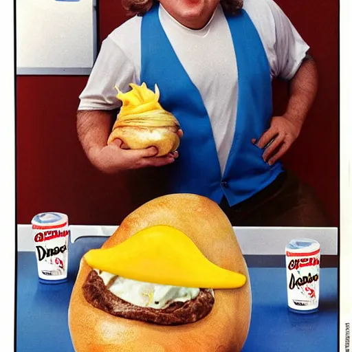 Image similar to 1990s McDonald's advertisement for a baby seal disguised as a loaded baked potato with Danny DeVito