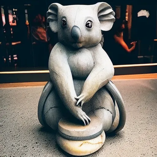 Prompt: “ a marble statue of a koala dj in front of a marble statue of a turntable. the koala has wearing large marble headphones. ”