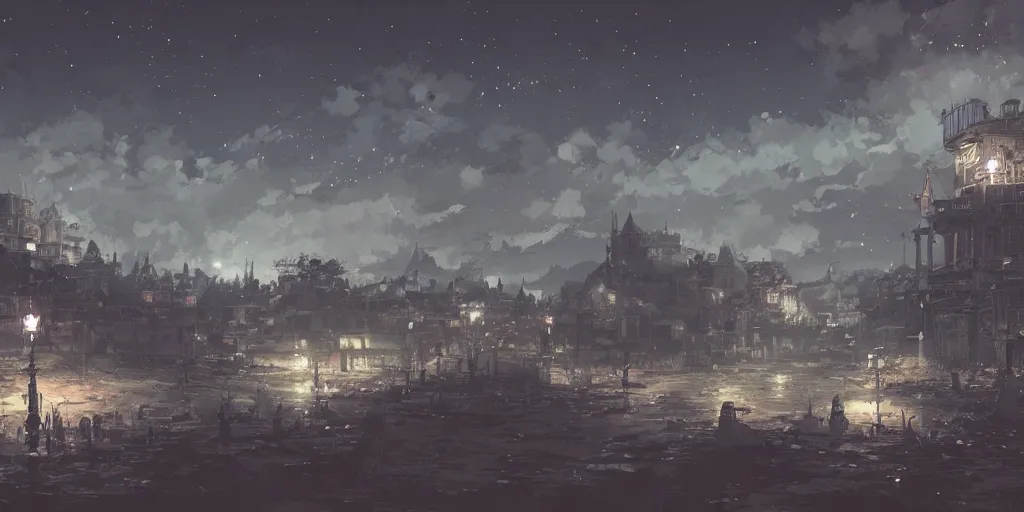 Prompt: night, landscape, no people, Akihiko Yoshida, Anime Background, concept art, illustration,smooth, sharp focus, intricate, super wide angle, trending on artstation, trending on deviantart, 4K