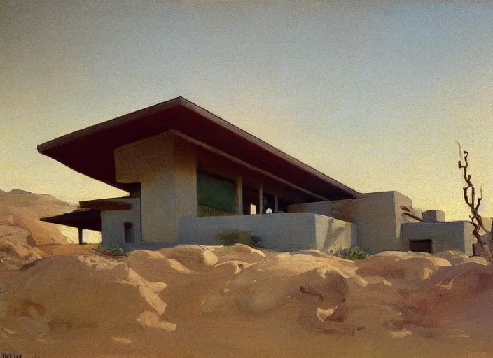 Prompt: painting of a frank lloyd wright house in the california desert by john singer sargent