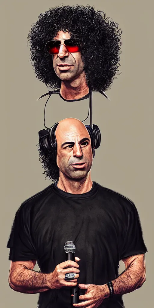 Image similar to Joe Rogan as Howard Stern talking into a microphone, single subject portrait, intricate, highly detailed, concept art, smooth, sharp focus