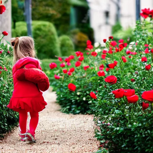 Image similar to a girl walking with her teddy bear in a garden full of red roses