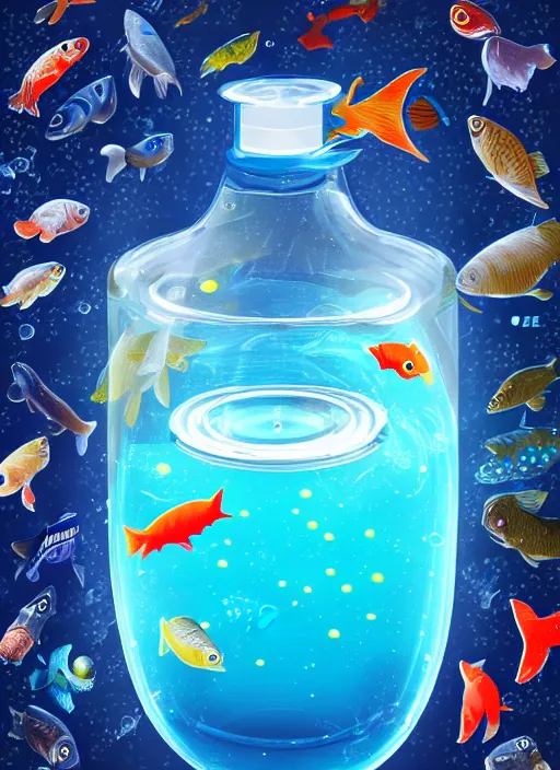 Image similar to the universe in a bottle of water filled with fishes, trending on art station, very detailed, detailed background