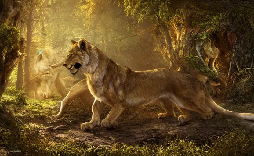 Image similar to a lioness hunting a wolf in a magical forest. painting, fantasy, fur shader, dramatic lighting, dawn, 8 k, sharp focus, global illumination, paid artwork, portfolio, detailed and intricate environment