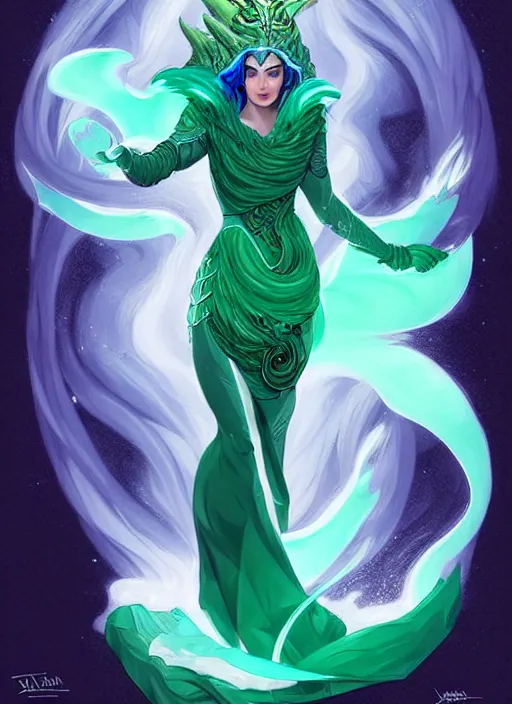 Image similar to style artgerm, joshua middleton, illustration, elizabeth taylor as a dragon priestess wearing green pelt light armor, blue hair, swirling water cosmos, fantasy, dnd, cinematic lighting