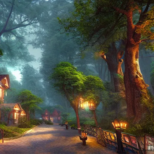 Prompt: A beautiful matte painting of a 3D printed forest town, Thomas Kinkade, 4k unreal engine