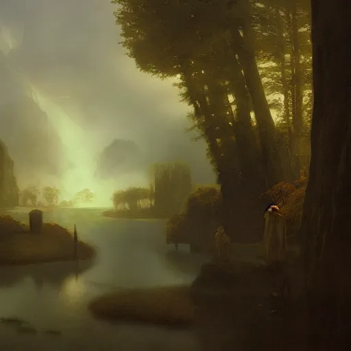 Prompt: Landscape by Ferdinand Keller and Arnold Böcklin and Jean-Auguste-Dominique Ingres and Michael Whelan and Albert Bierstadt, moody atmosphere, cinematic atmospheric, artstation, high definition