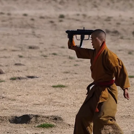 Prompt: a shaolin monk in the army, screaming and firing an automatic rifle