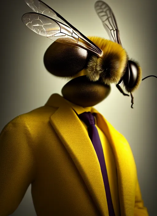 Prompt: photo portrait of a man named Doctor Bee's from Harry Partridge, elegant pose, very detailed, highly detailed Bee themed costume, photorealism, artstation, different point of view, sharp focus, photorealistic, soft diffuse autumn lights, some sunlight ray, dark room wall, canon 5D 50 mm lens, zen natural background