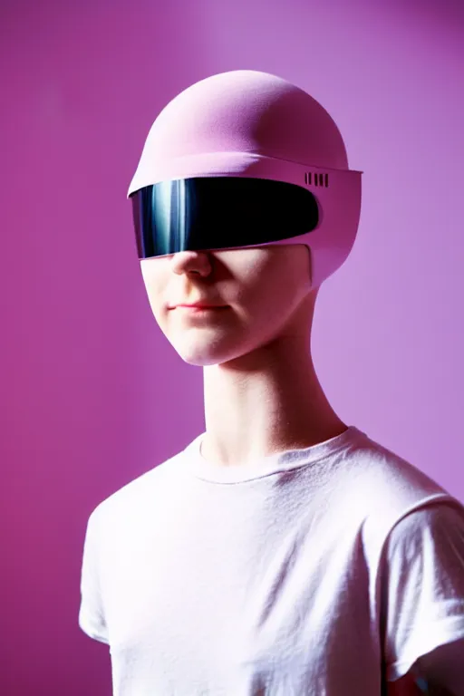 Prompt: a high definition film photograph of a normal androgynous robot human wearing a plain white t - shirt, in a pastel pink room. happy. visor covering eyes. crushed shadows.