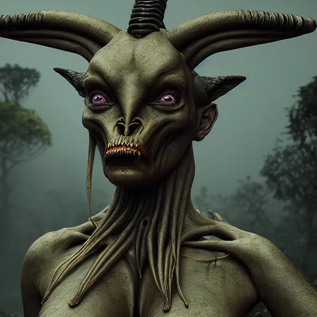 Prompt: a beautiful portrait of baphomet, 8 k, zbrush, octane, 8 k, incredibly detailed, androgynous, hr giger, peter gric, pablo amaringo, nvidia, unreal engine, overgrown jungle ruins