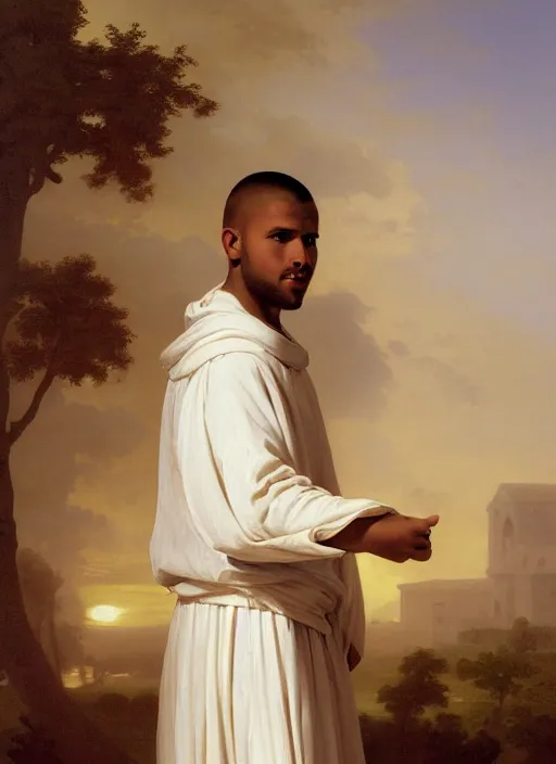 Image similar to oil painting portrait of a handsome young tonsured dominican monk in a white and brown habit, striding dancing through a flourishing garden at sunset with a monastery in the background, hazy, digital art, chiaroscuro, artstation, cinematic, golden hour, digital art painting by greg rutkowski, william - adolphe bouguereau, hazy atmosphere, flowers, cinematic lighting