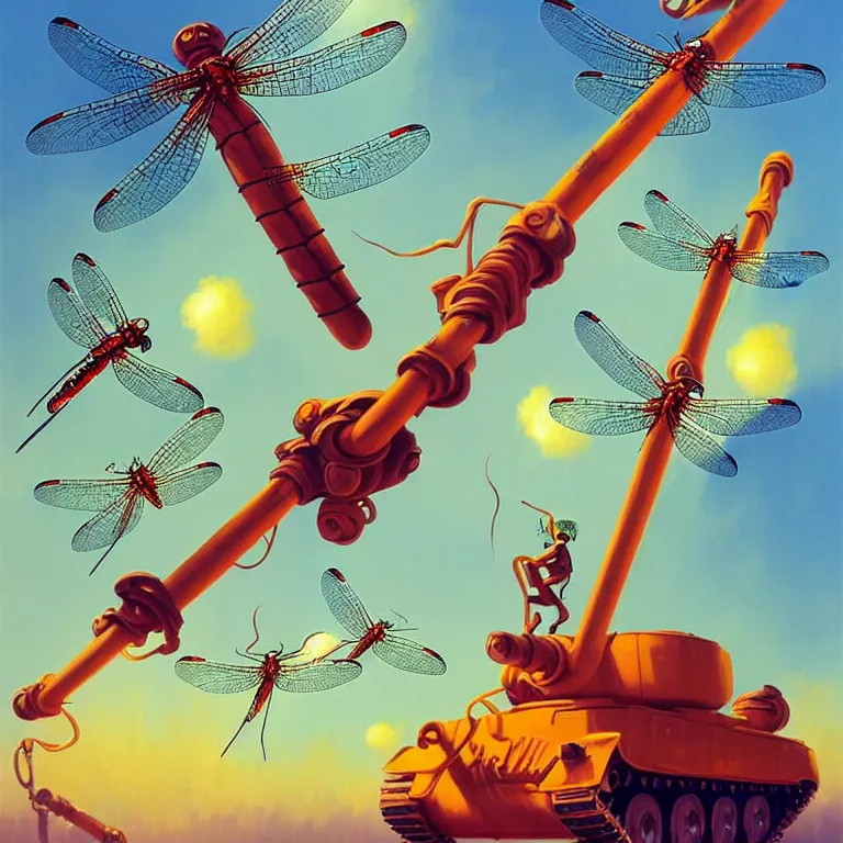 Image similar to a horde of dragonflies using cables to lift a tank, mid-air, suspended, fantasy, sunspots, motion, digital art by RHADS and Moebius, artstation