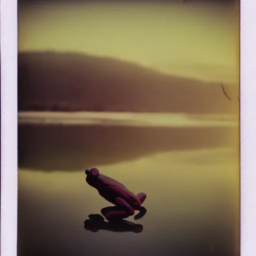 Image similar to semi translucent frog hovering over misty lake in Jesus Christ pose, polaroid photography by Andrei Tarkovsky, paranormal, spiritual, mystical