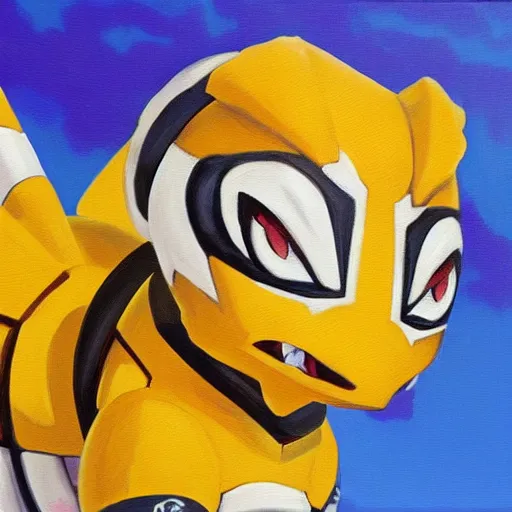 Image similar to agumon from digimon, oil on canvas