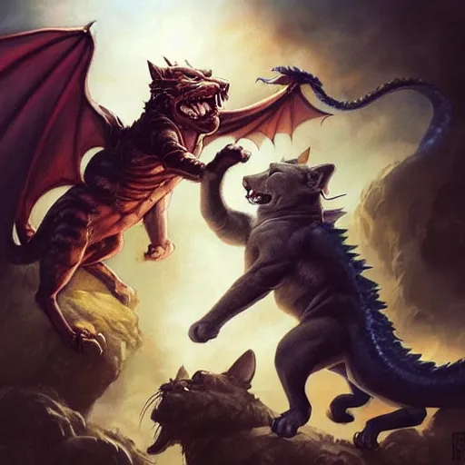 Image similar to A cat dragon fighting a Dog dragon by Lucas Graciano, Frank Frazetta, Greg Rutkowski, Boris Vallejo, epic, fantasy, character art, high fantasy