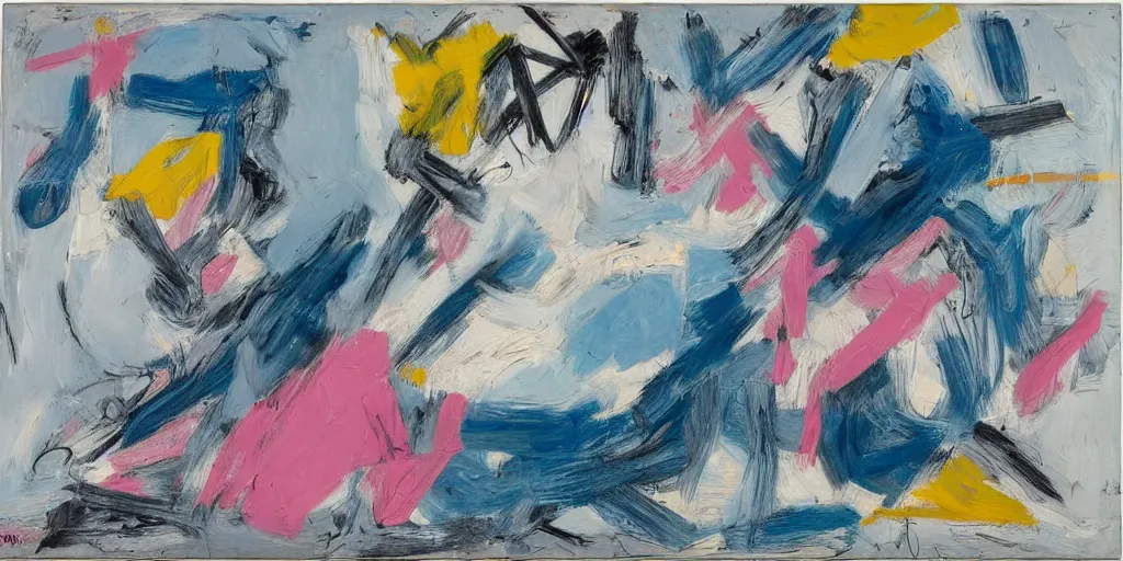 Prompt: de kooning thin scribble on white canvas, blue and pink shift, yves tanguy, first iteration, oil on canvas, thick impasto