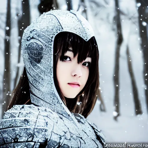 Image similar to portrait focus of knight beautiful 3 d anime girl!! silver frozen ice armor wearing!! dark forest background snowing, bokeh, inspired by masami kurum