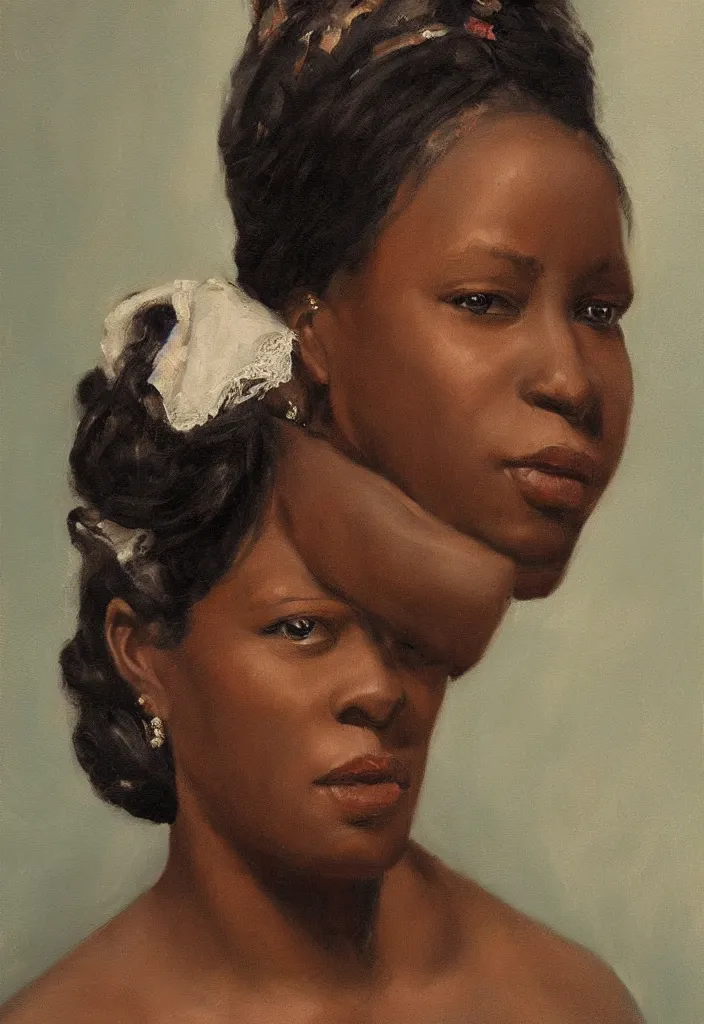 Prompt: a front portrait of a black woman in victorian attire oil on canvas, trending on artstation, digital art.