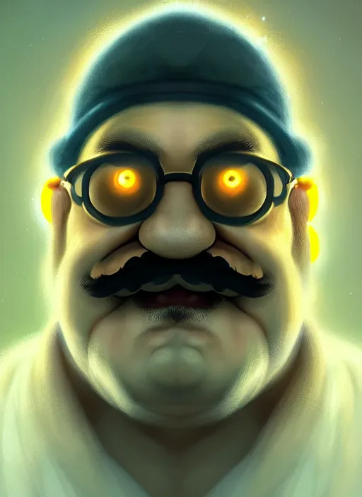 Image similar to portrait of wario from warioware, intricate, elegant, glowing lights, highly detailed, digital painting, artstation, concept art, smooth, sharp focus, illustration, art by wlop, mars ravelo and greg rutkowski