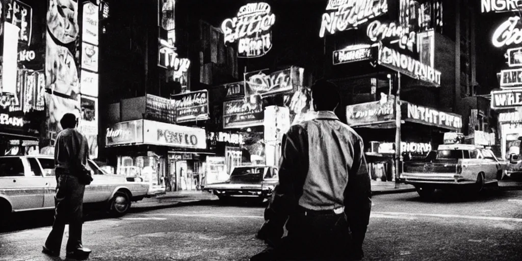 Image similar to 8 0 s polaroid photo, cinema still from movie taxi driver, robert de niro watching night streets, neon signs, colorful haze, americana, high production value, 8 k resolution, hyperrealistic, photorealistic, high definition, high details, tehnicolor, award - winning photography, masterpiece, amazing colors