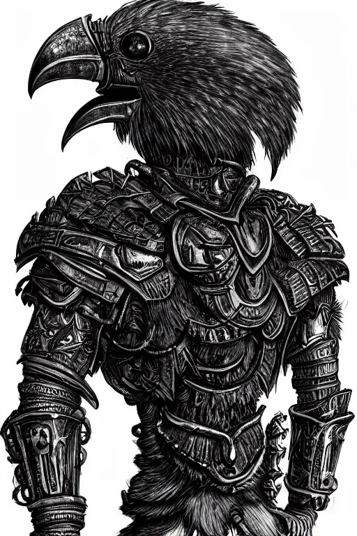 Image similar to armoured raven humanoid monster, crows feet, symmetrical, highly detailed, digital art, black feather armour, sharp focus, trending on art station, kentaro miura manga art style