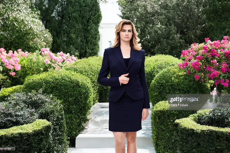 Image similar to < https : / / s. mj. run / njkon _ r 0 u 6 g > press photo of a beautiful 3 5 year old powerful white female president in a suit, being held romantically by her two younger white boyfriends in the white house rose garden, professional photo, press photo, glamorous, 8 k photorealistic, very detailed