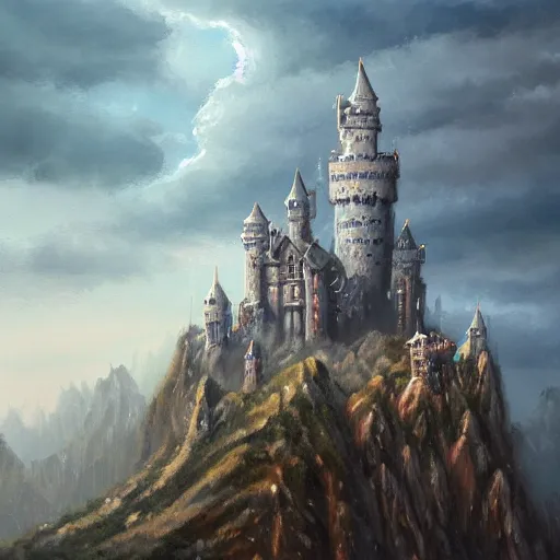 Prompt: a light oil painting of a magnificent light grey high fantasy castle on top of a mountain. below is a bustling town filled with people, artstation, rainy weather