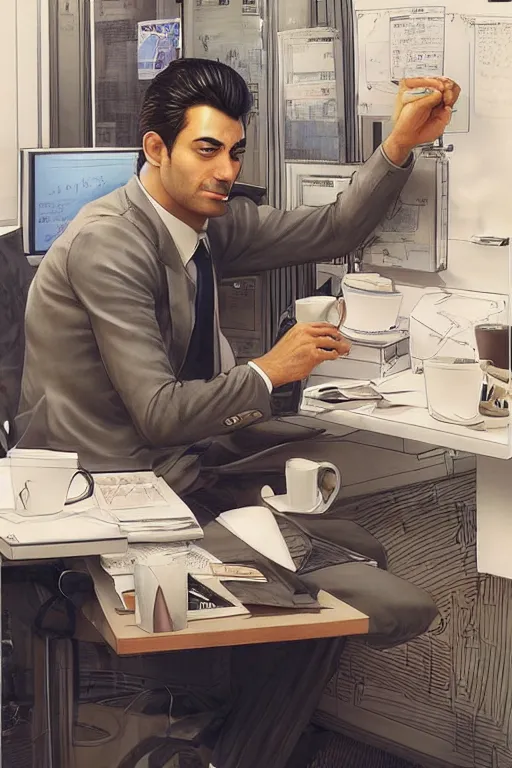 Image similar to a clean - shaven persian man drinking coffee from a paper cup at his work cubicle in front of a computer, by artgerm and yoshitaka amano, trending on artstation