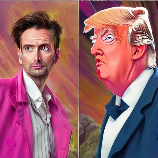 Prompt: david tennant and donald trump in pink clothes with the tenth doctor who, highly detailed, artstation, concept art, fantasy, smooth, sharp focus, illustration, perfect face, art by nikolay makovsky, jacek malczewski, arthur hughes, edward okun, franz xaver winterhalter