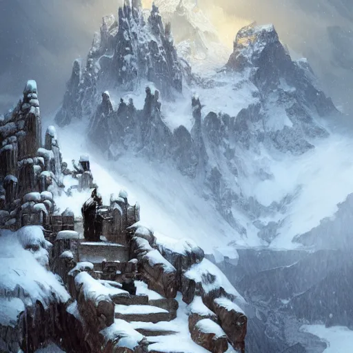 Image similar to snowy mountaintop with entrance to dwarven fortress with statues of dwarves, snowstorm, dark fantasy, intricate, elegant, highly detailed, digital painting, artstation, concept art, smooth, sharp focus, illustration, art by artgerm and greg rutkowski and alphonse mucha