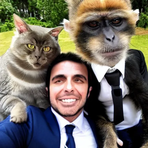 Prompt: Monkey, cat, and dog in suits taking selfie.