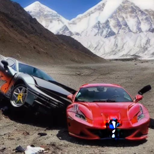 Image similar to crashed ferrari, 3 model lines on top of mount everest