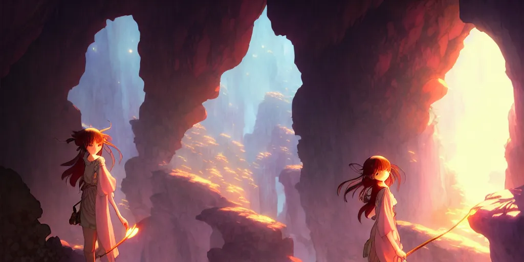 Image similar to the girl and the cave. anime, fantasy, smooth. torches, dark, digital painting, by hayao miyazaki and rossdraws and artgerm and chie yoshii and detmold and greg rutkowski and alphonse mucha. artstation. beautiful, high quality, stunning, intricate detailed environment. 8 k