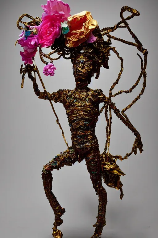 Image similar to papercraft scene made entirely of pipecleaners and crumpled foil of Jean-Michel Basquiat as a full-body bronze baroque statue of Icarus in the posing like a bird for flight, crown of peach roses, flowing pink-colored silk, fabric, flowers. baroque elements, human skull. full-length view. baroque element. intricate artwork by caravaggio. many many birds birds on background. Trending on artstation, octane render, cinematic lighting from the right, hyper realism, octane render, 8k, depth of field, 3D