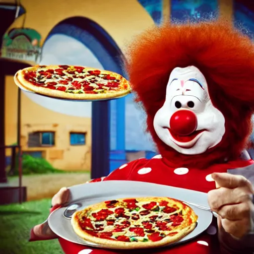 Prompt: Bozo the clown having tea with pizza.