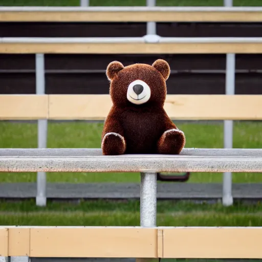 Prompt: photograph of a sad bear mascot sitting on wood bleachers