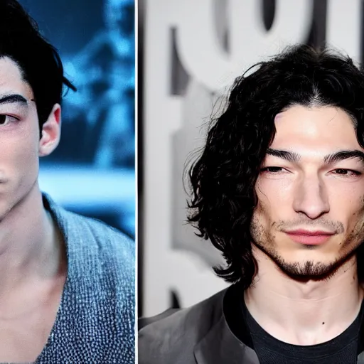 Prompt: A headshot of Ezra Miller side-by-side with a picture of The Death Star