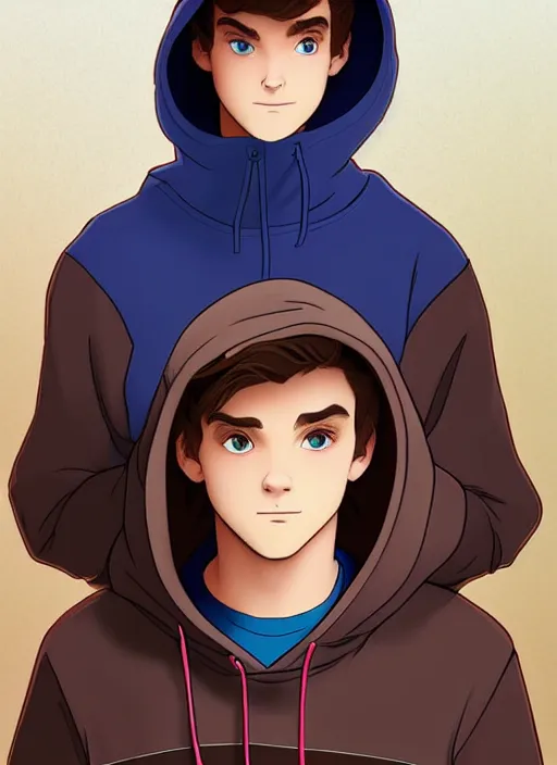 Prompt: teen boy with brown hair and big blue eyes, wearing a hoodie, sad, hiding under hood of hoodie, natural lighting, path traced, highly detailed, high quality, cartoon, digital painting, by don bluth and ross tran and studio ghibli and alphonse mucha