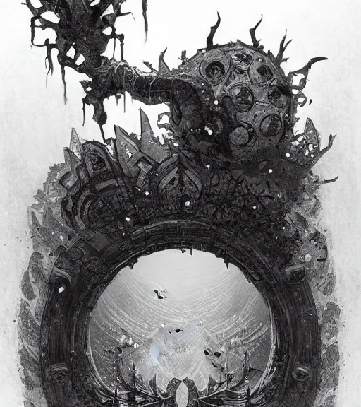 Prompt: beautiful beholder black and white drawing, in the style of greg rutkowski, fantasy, amazing detail, epic, intricate, elegant, smooth, sharp focus