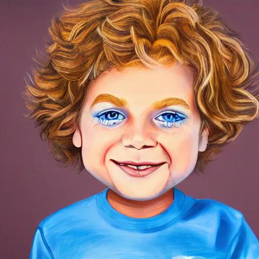 Image similar to caricature painting of a toddler boy with curly blond hair and blue eyes, photography, realistic